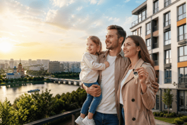 Счастливая семья в новой квартире — семейная ипотека 2026 в Омске